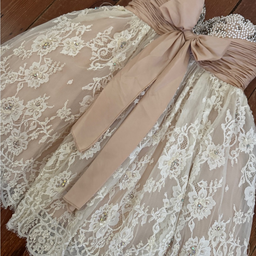Sherri Hill Pink Strapless White Lace Hoco BabyDoll Dress Bow Short Mini Size 6 - Picture 3 of 12